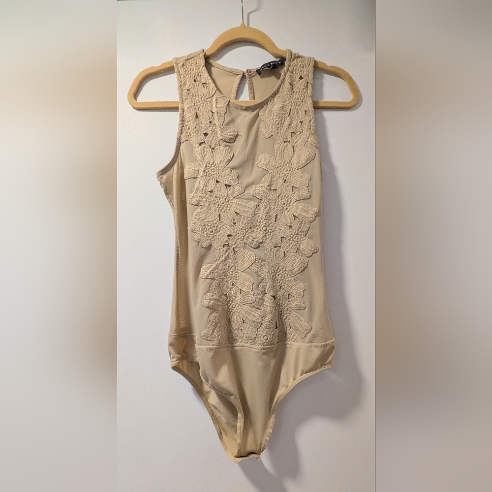 Haute Monde Beige Embroidered Floral Bodysuit